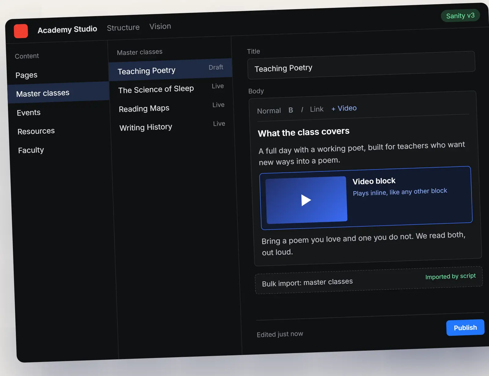 A Sanity Studio editor with a video block, in front of the live Academy for Teachers site, under the line: A new CMS under a live site.
