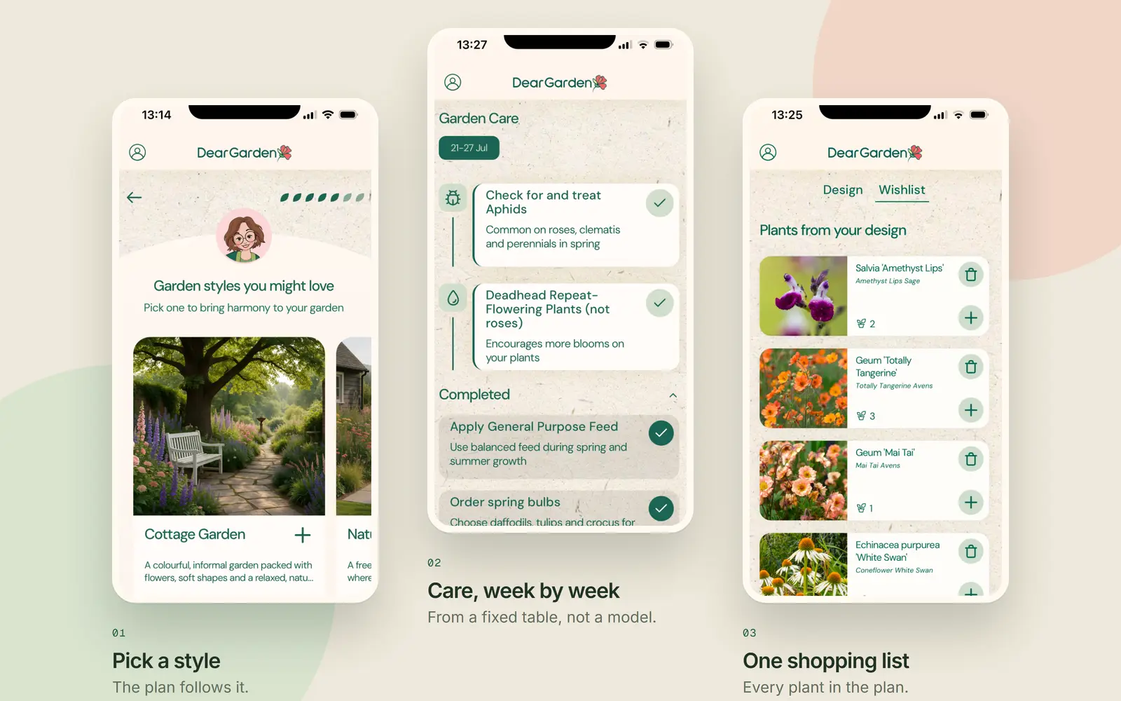 Three Dear Garden screens on warm paper: garden styles to pick from, the weekly care list with ticked jobs, and a wishlist of plants from a design