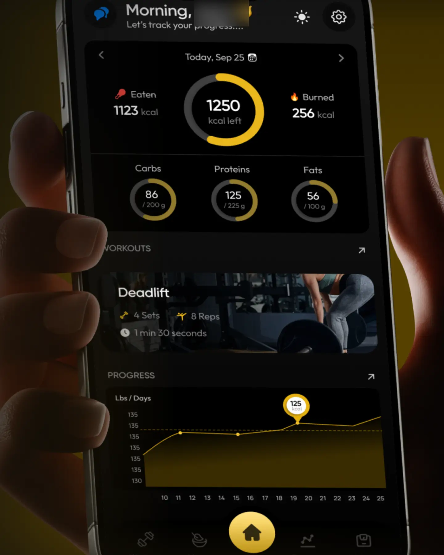 A hand holds a phone showing the 6-Pack Macros home screen, beside the app's tagline: Changing lives, one rep at a time.
