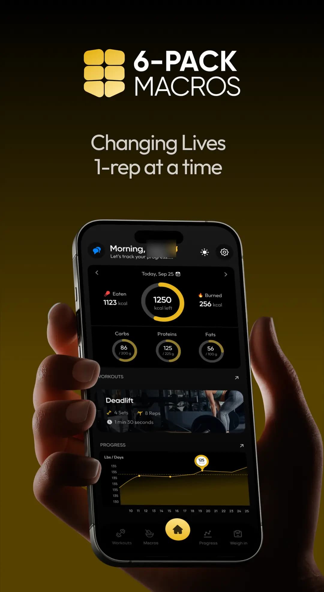 A hand holding a phone that shows calories left, macro rings, the next workout and a weight chart