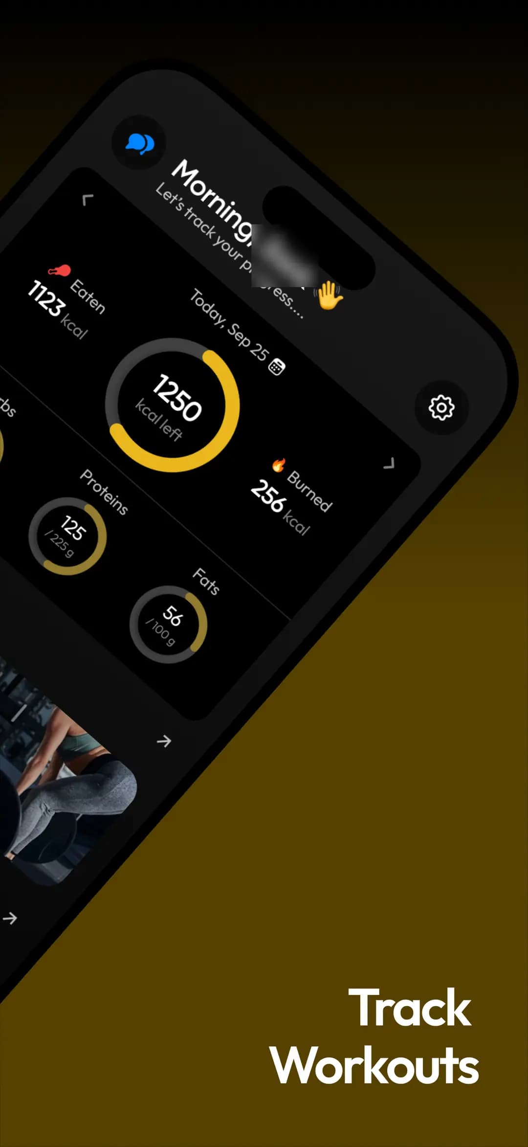 The workout card on a tilted phone, showing sets, reps and rest time